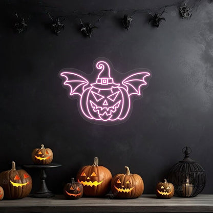 Scary Pumpkin With Hat And Wings Neon Sign