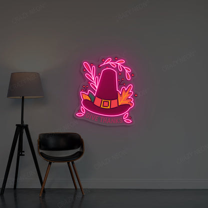 Pilgrim Hat Give Thanks Neon Sign