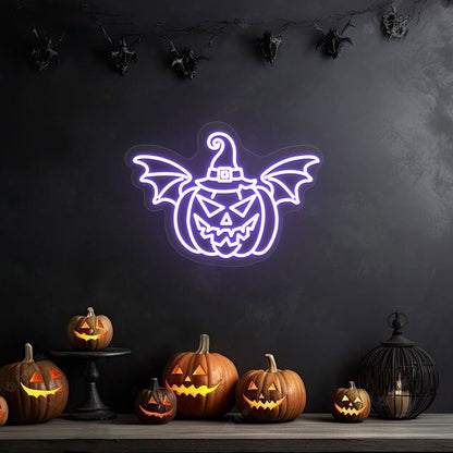 Scary Pumpkin With Hat And Wings Neon Sign