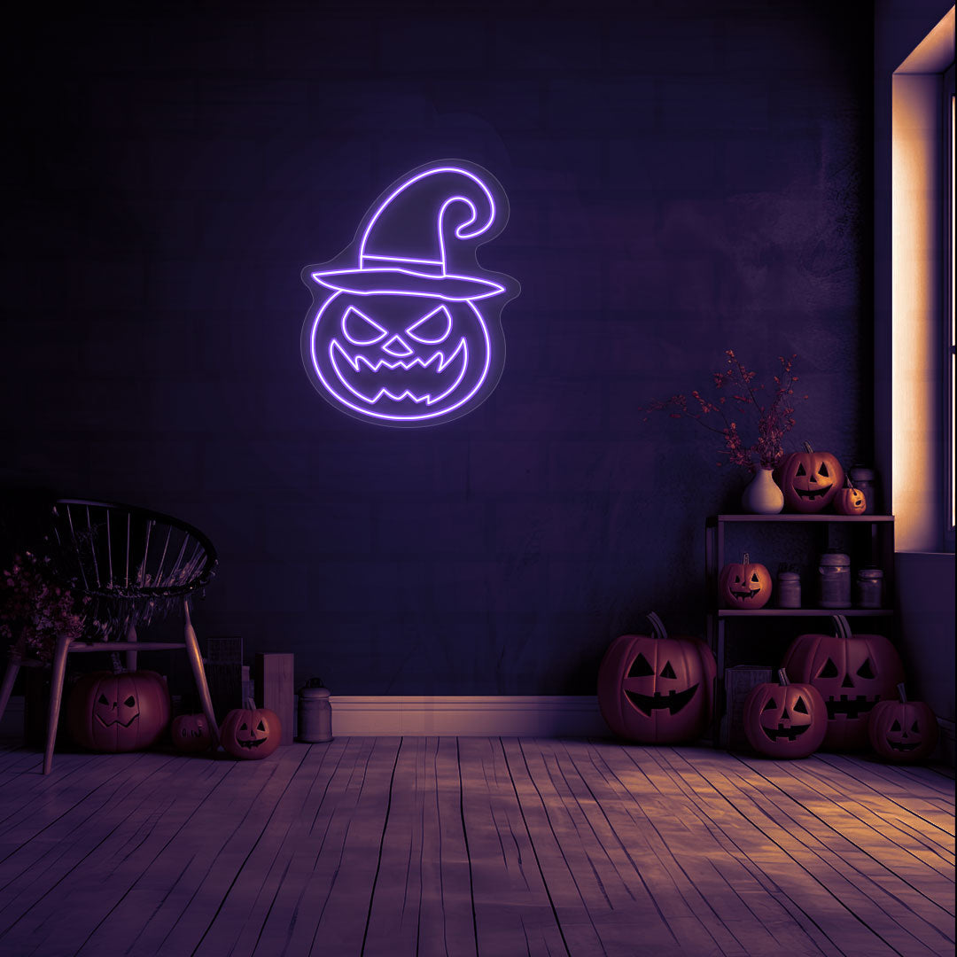 Angry Pumpkin With Hat Neon Sign