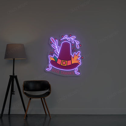 Pilgrim Hat Give Thanks Neon Sign