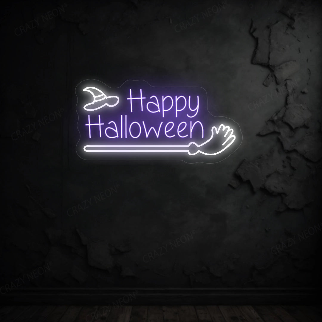 Happy Halloween with Broom Stick LED Neon Sign
