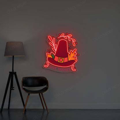 Pilgrim Hat Give Thanks Neon Sign