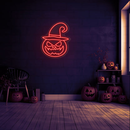 Angry Pumpkin With Hat Neon Sign