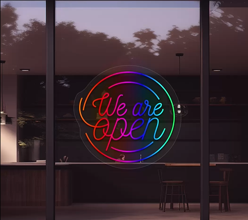 RGB LED open sign, multicolor flow lighting, storefront display. Image 1 of 7.