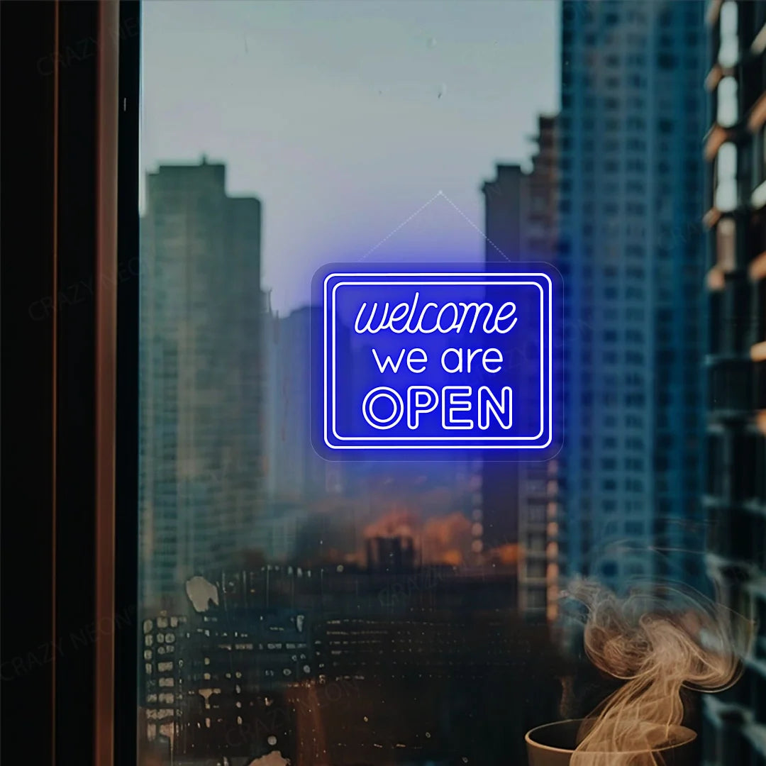 Open LED sign, Welcome light display. Bright neon-style sign for businesses. Position 16 of 16.