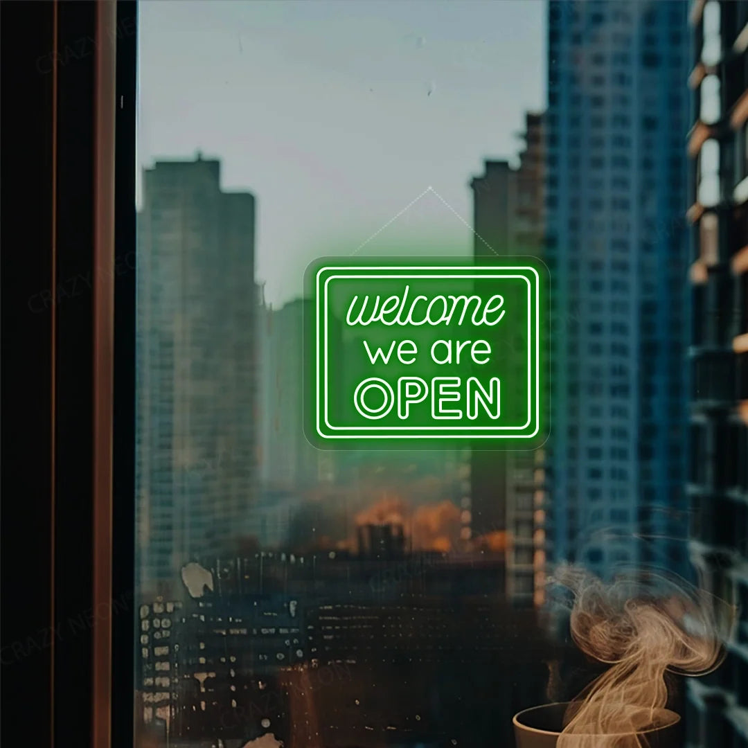 Open LED neon sign, "Welcome" light display. Bright, energy-efficient, and stylish for businesses. Image 15 of 16.