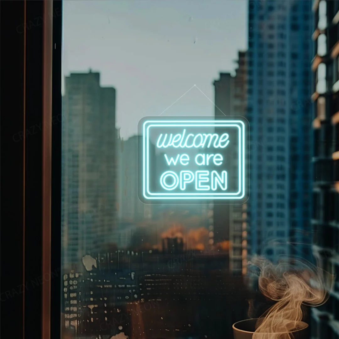 Open neon sign, Welcome LED light display. Bright, inviting, modern storefront decor. Illuminated business sign.