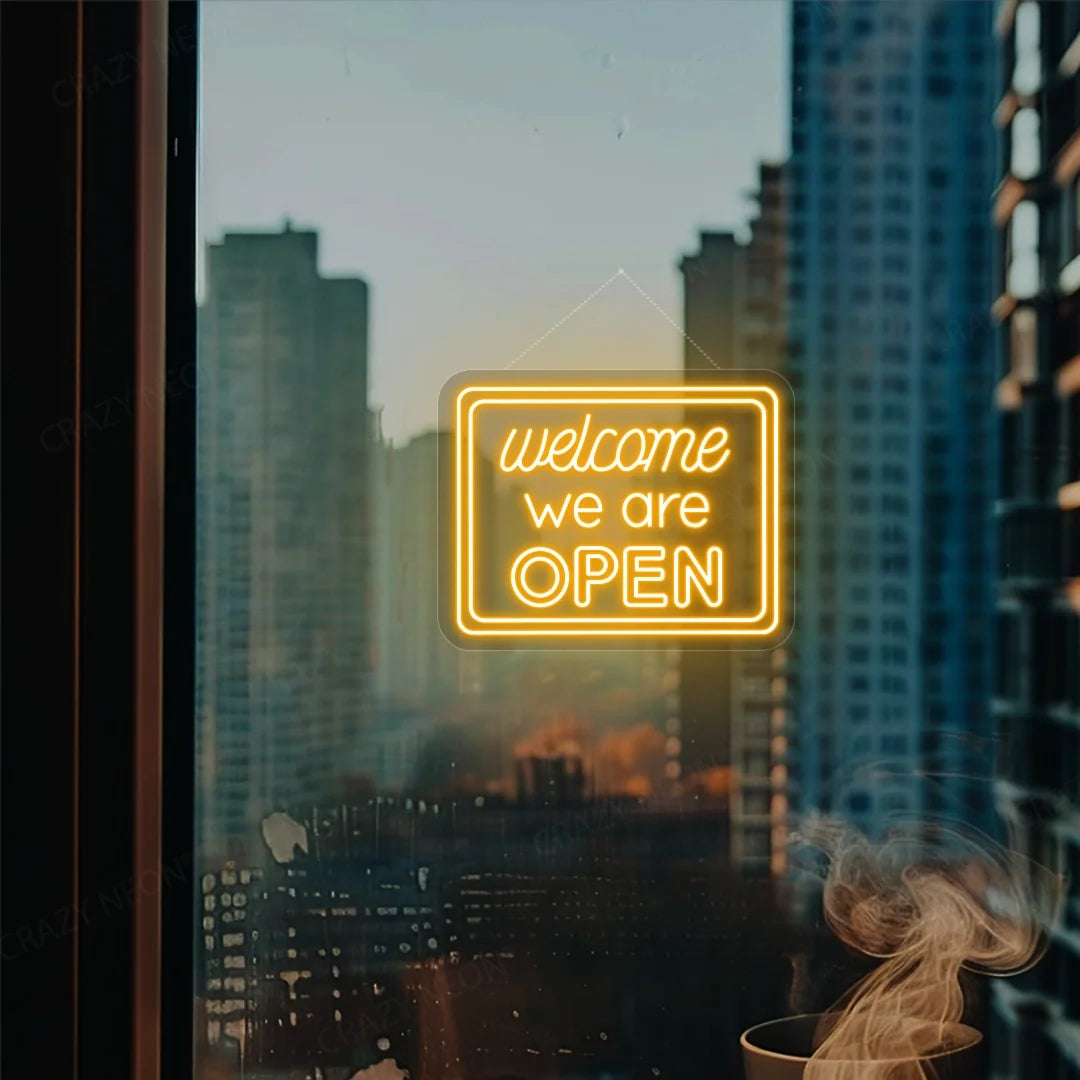 Open neon sign, "Welcome" LED light, storefront display, vibrant glow, 13 of 16.