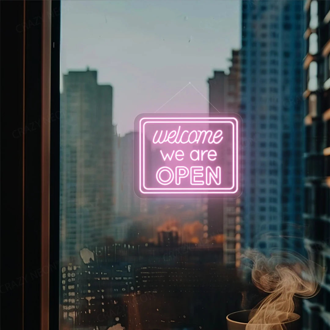 Open LED neon sign for business, "Welcome" light display. Position 12 of 16.