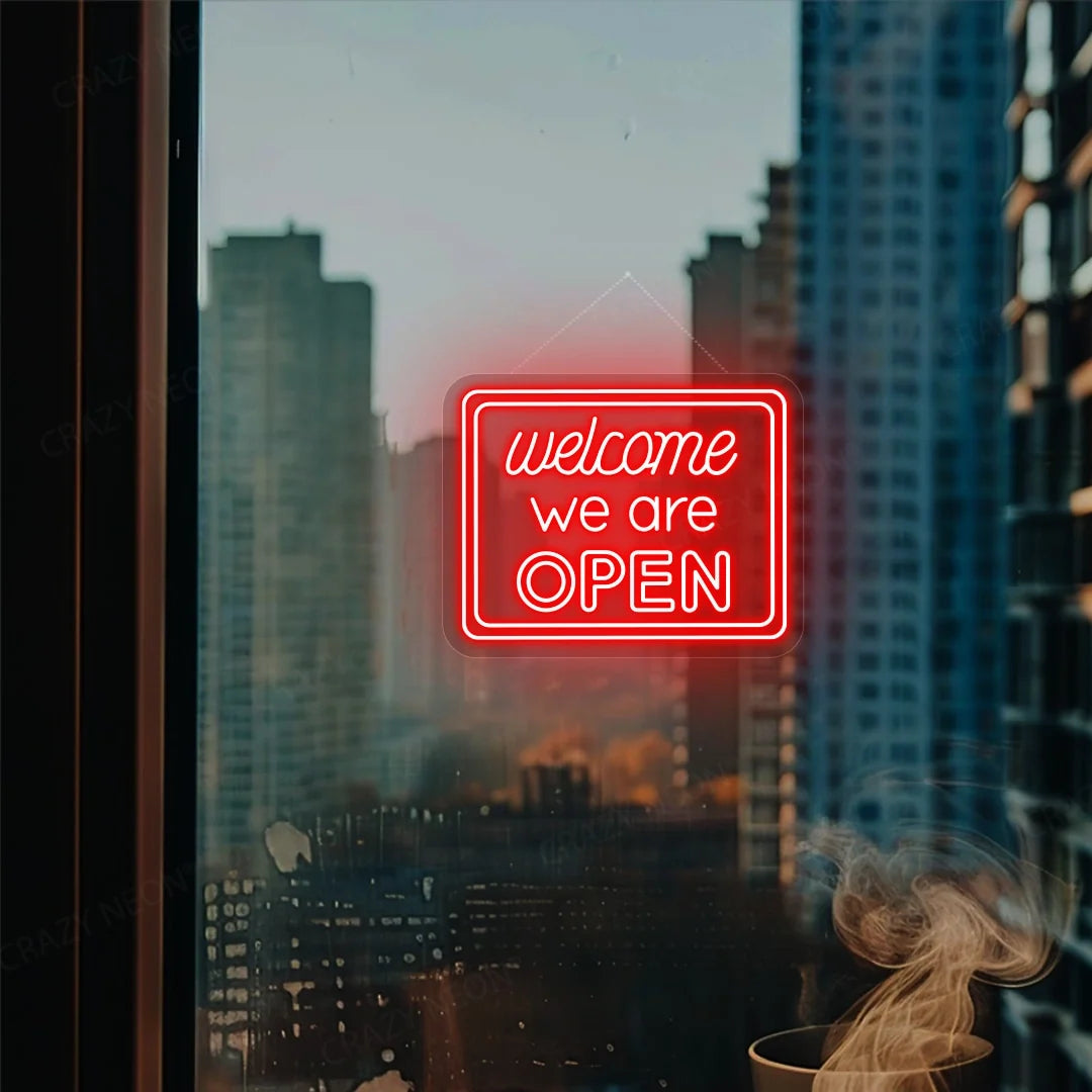 Open LED light display, "Welcome" neon sign, bright, modern, for business entry. Image 10 of 16.