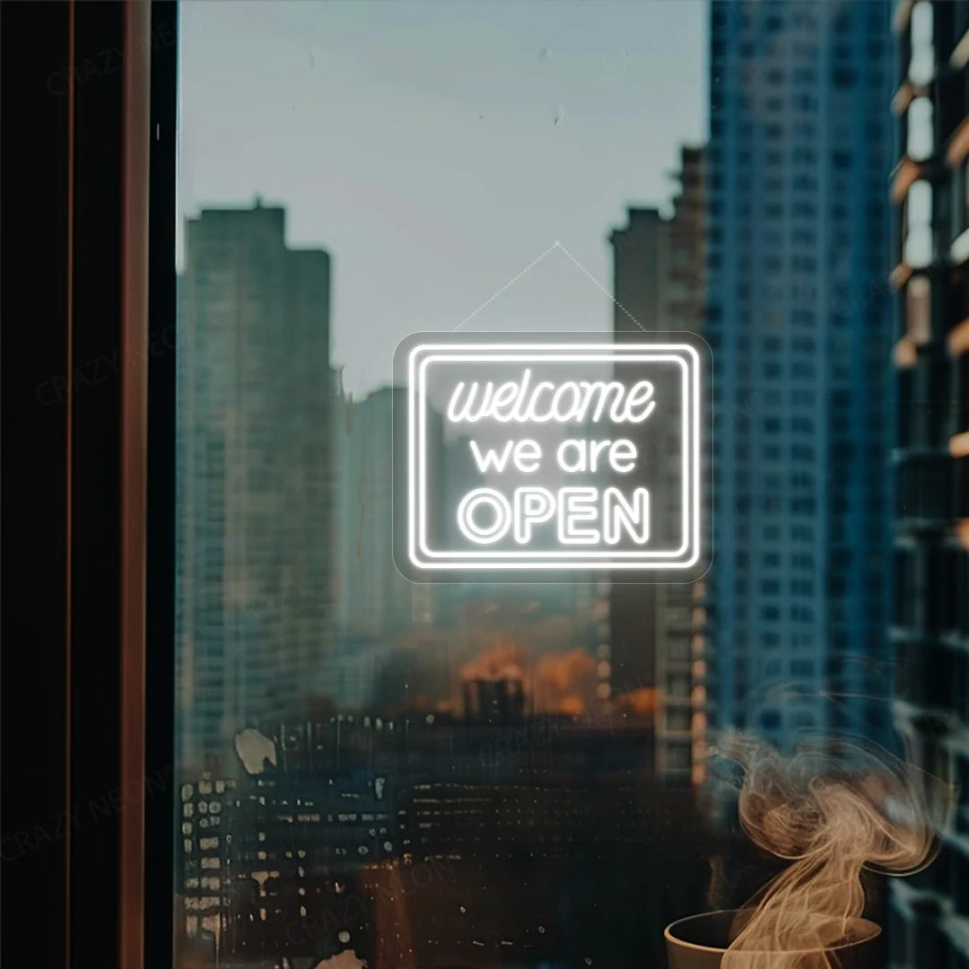 Open neon sign with "Welcome" in bright LED light, perfect for storefronts or home decor.