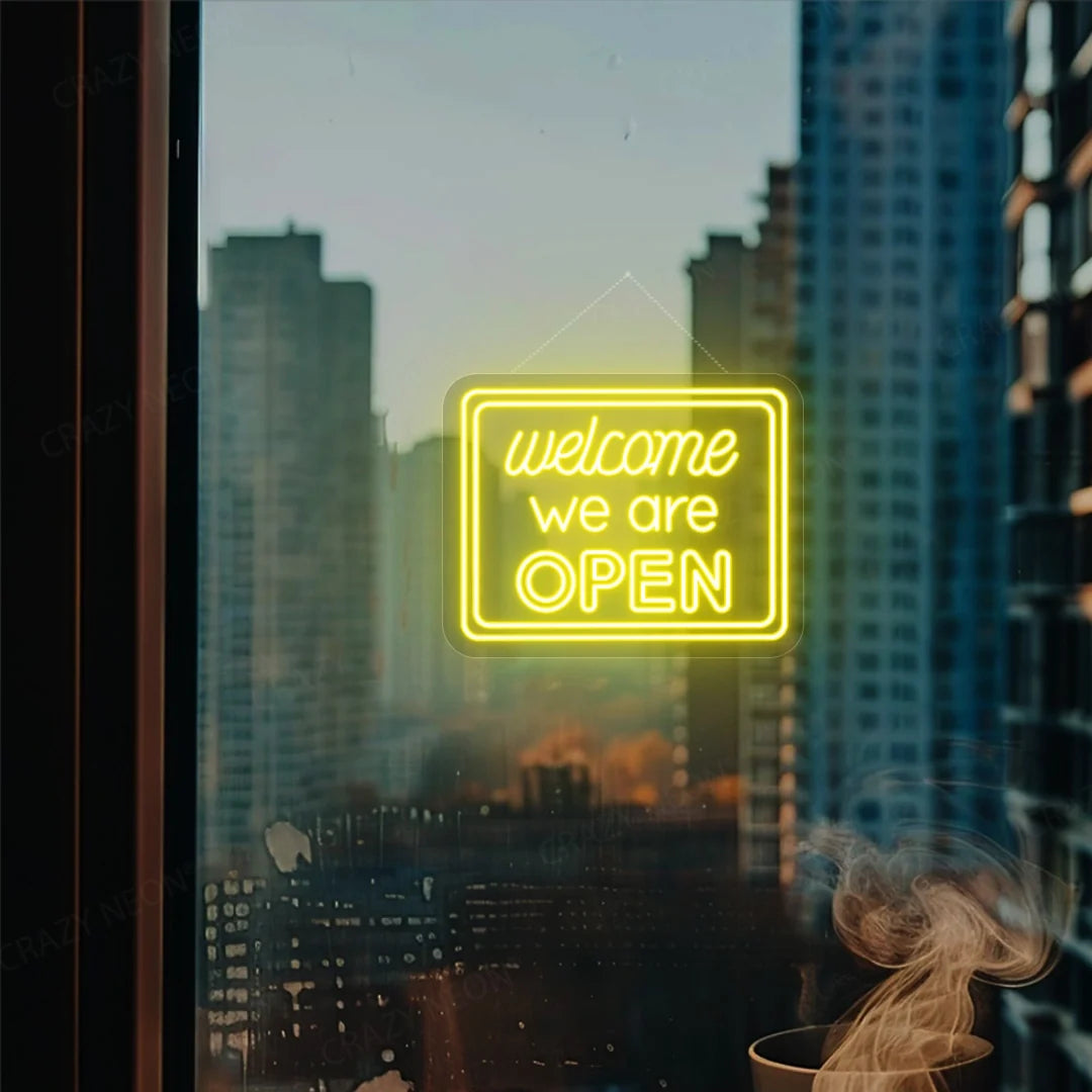 Welcome LED light display, open neon sign. Bright, inviting, modern storefront decor. Image 1 of 16.