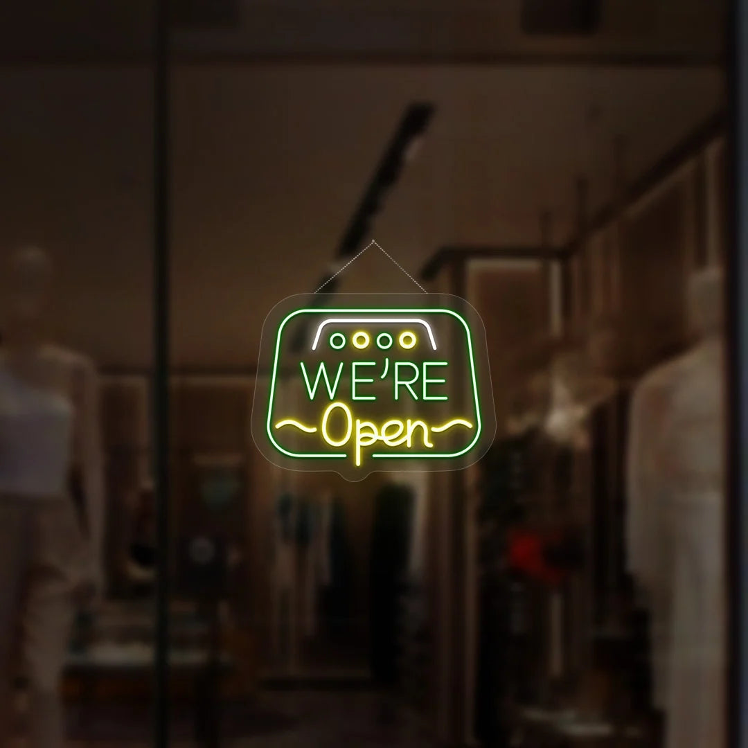 Retro radio LED neon sign, "We Are Open" text. Vintage style, bright light. Product image 10 of 10.