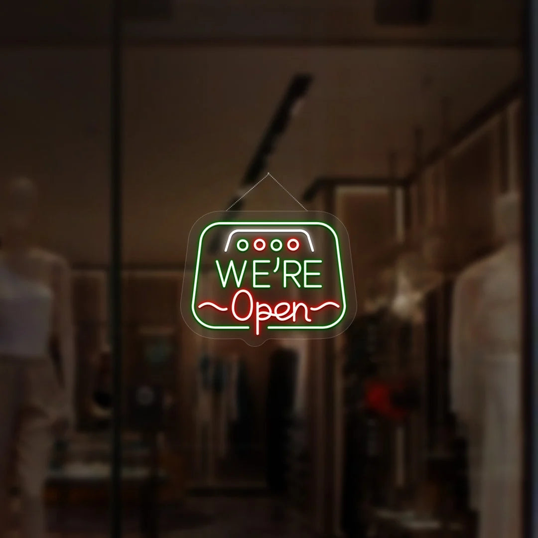 Retro Radio "We Are Open" LED neon sign, vintage-style light for businesses, image 1 of 10.
