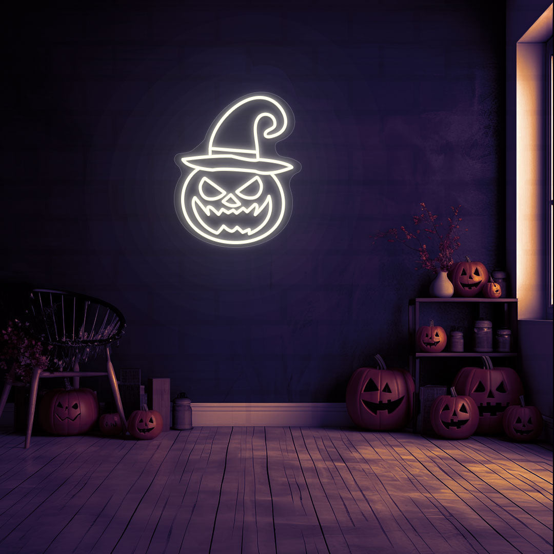 Angry Pumpkin With Hat Neon Sign