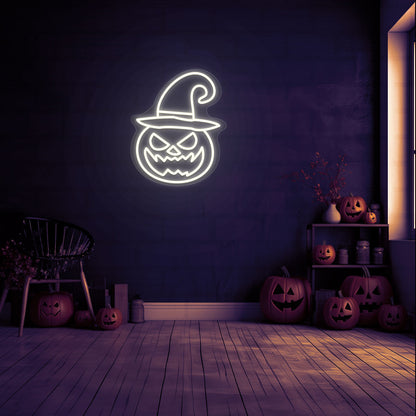 Angry Pumpkin With Hat Neon Sign