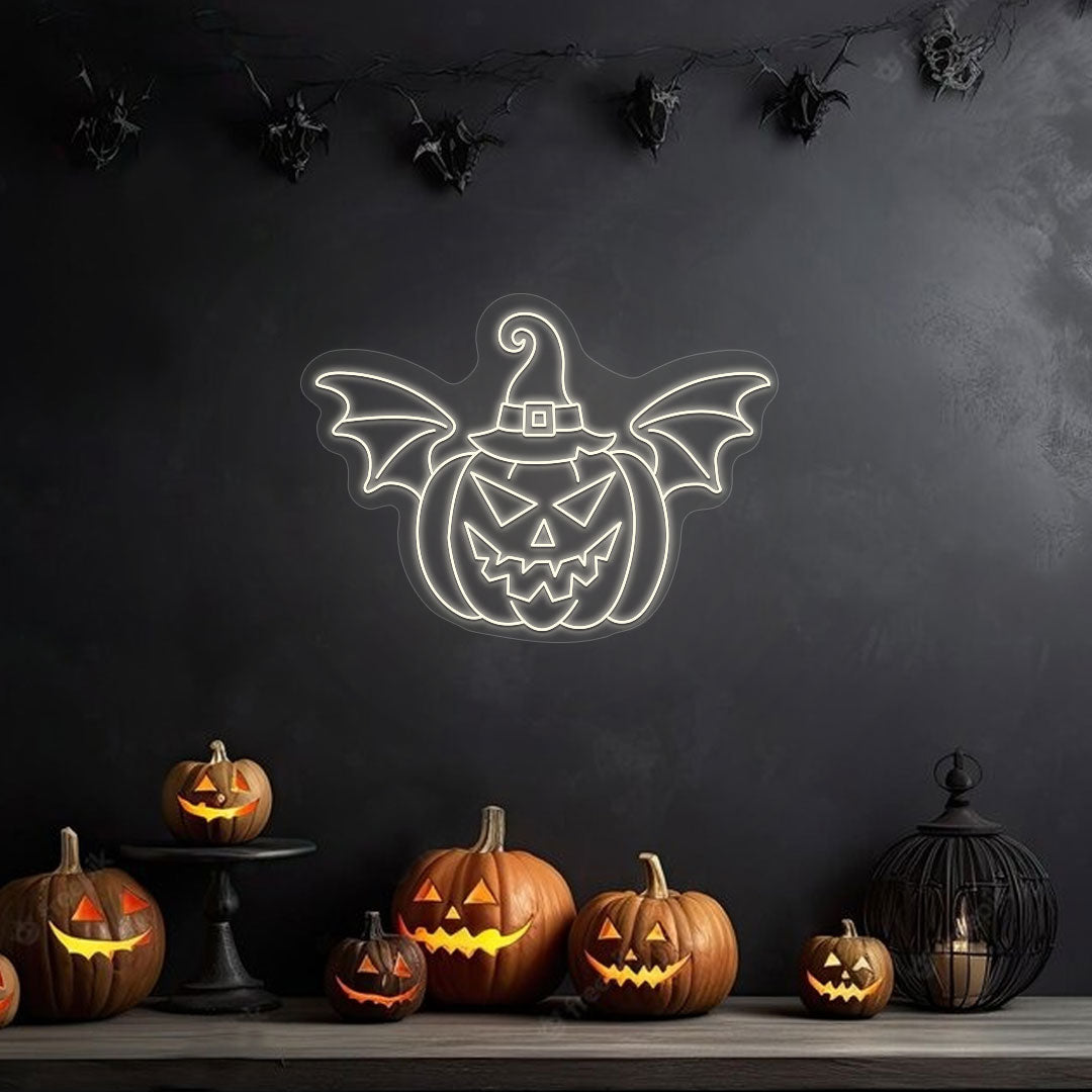 Scary Pumpkin With Hat And Wings Neon Sign