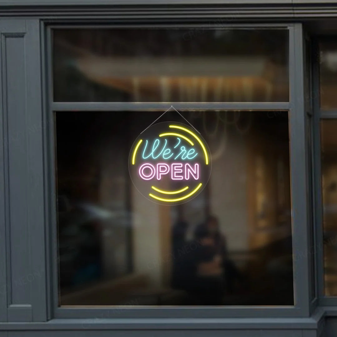 Bright LED "Open" sign for business, glowing blue, mounted on a wall. Product 2 of 10.