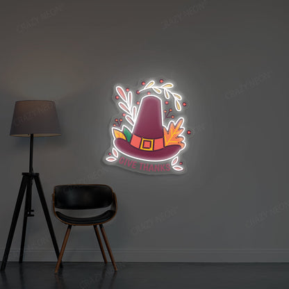 Pilgrim Hat Give Thanks Neon Sign