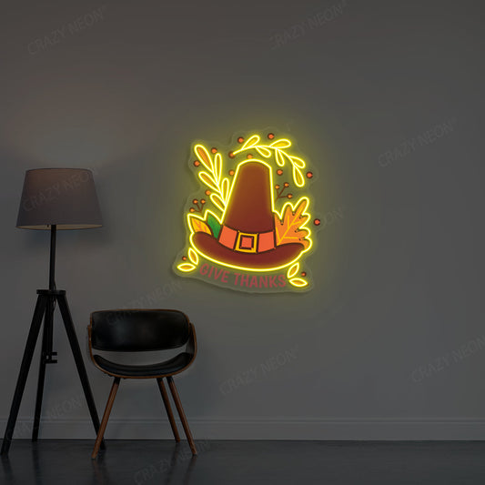 Pilgrim Hat Give Thanks Neon Sign