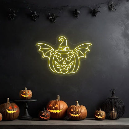 Scary Pumpkin With Hat And Wings Neon Sign