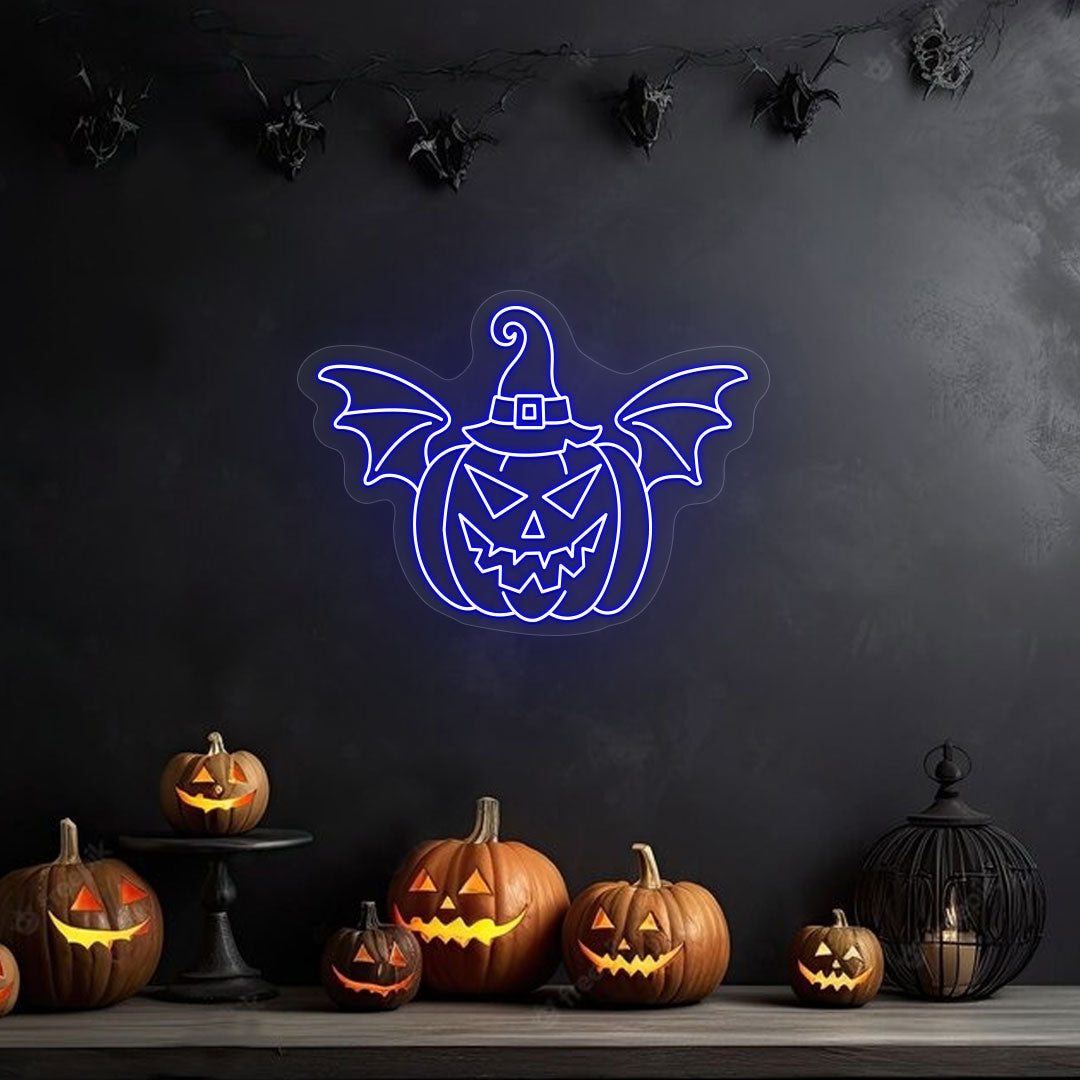 Scary Pumpkin With Hat And Wings Neon Sign