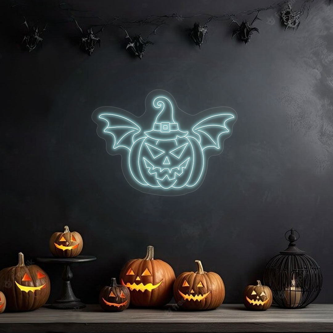 Scary Pumpkin With Hat And Wings Neon Sign