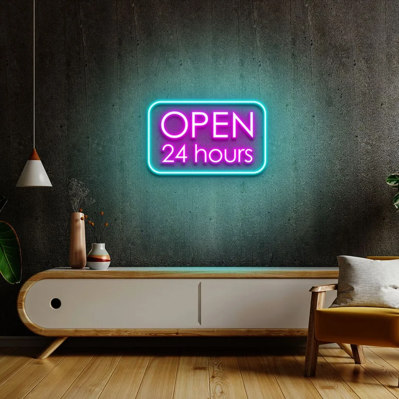 24 Hours Rectangle Open Neon Sign - Multicolor