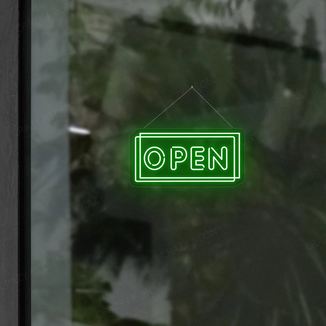 Double Line Open LED Neon Sign for Business, bright red and blue, modern storefront lighting.