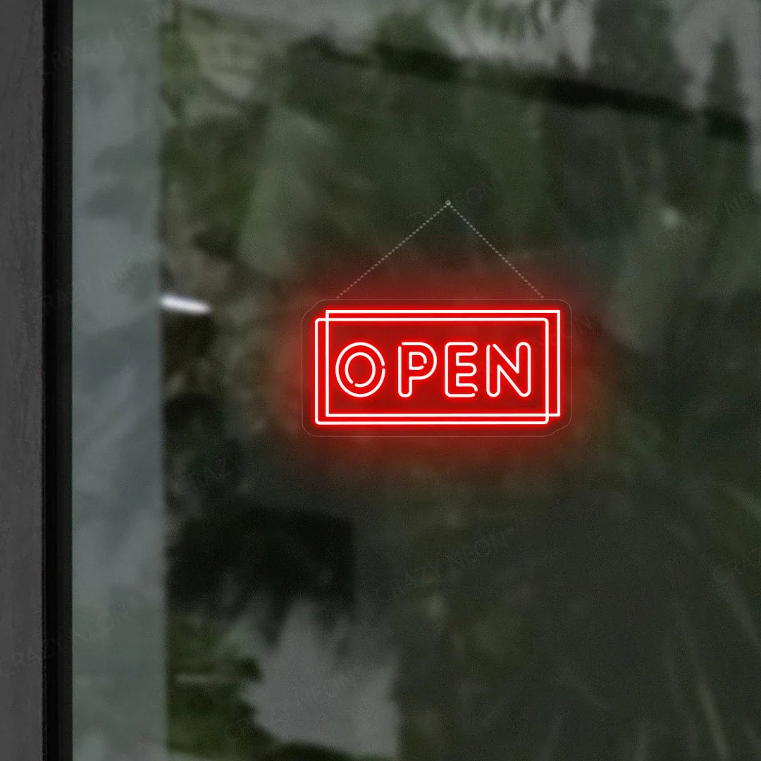 Double line LED neon "Open" sign for business, bright white, clear acrylic backing, modern storefront display.