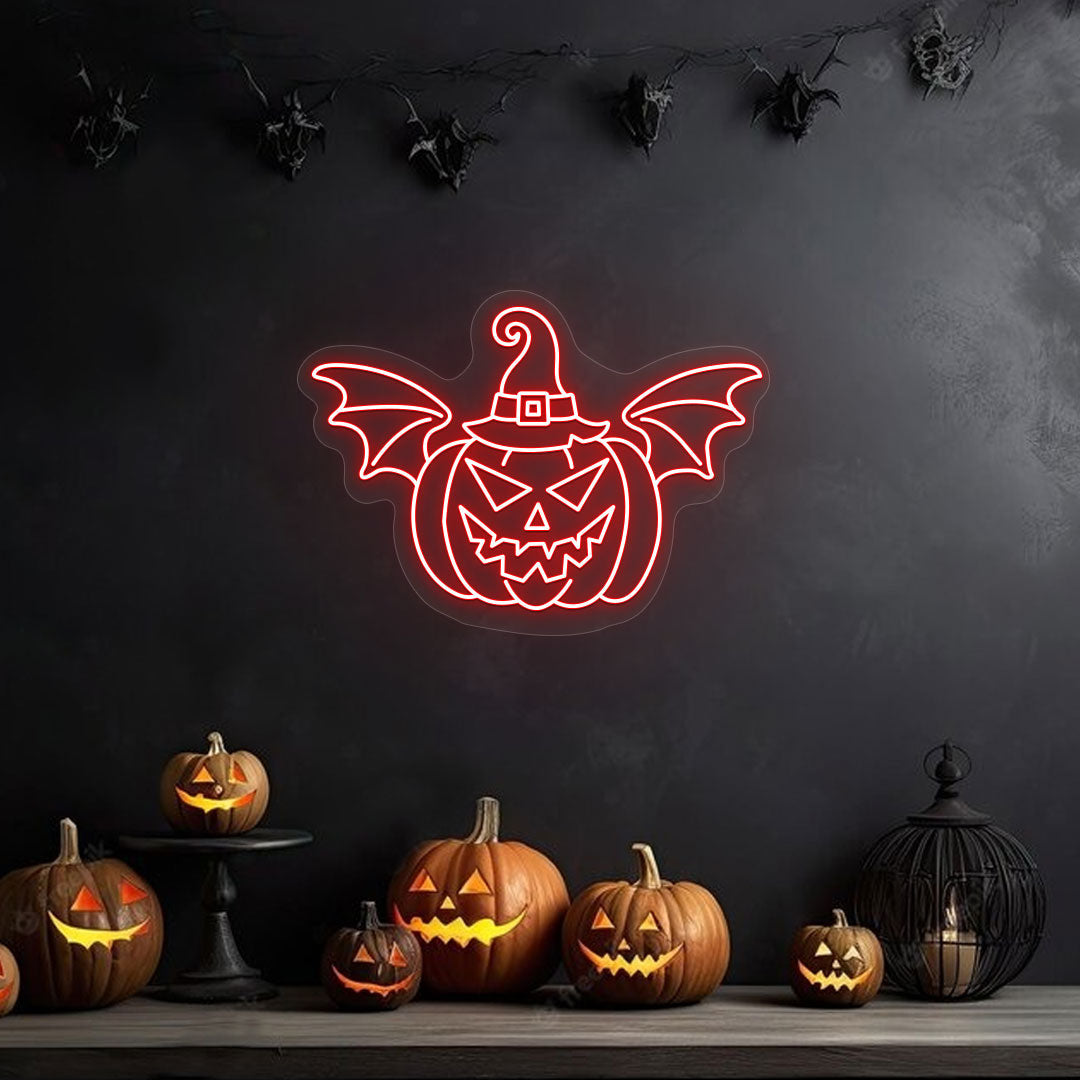 Scary Pumpkin With Hat And Wings Neon Sign