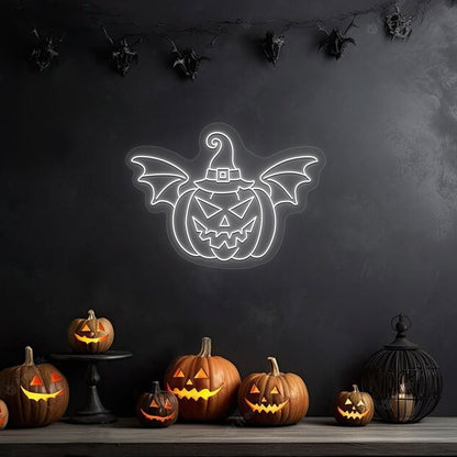 Scary Pumpkin With Hat And Wings Neon Sign